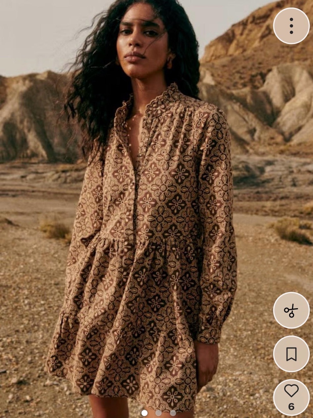 Sezane Hidaya Brown Printed Long-Sleeve Tiered Mini Dress